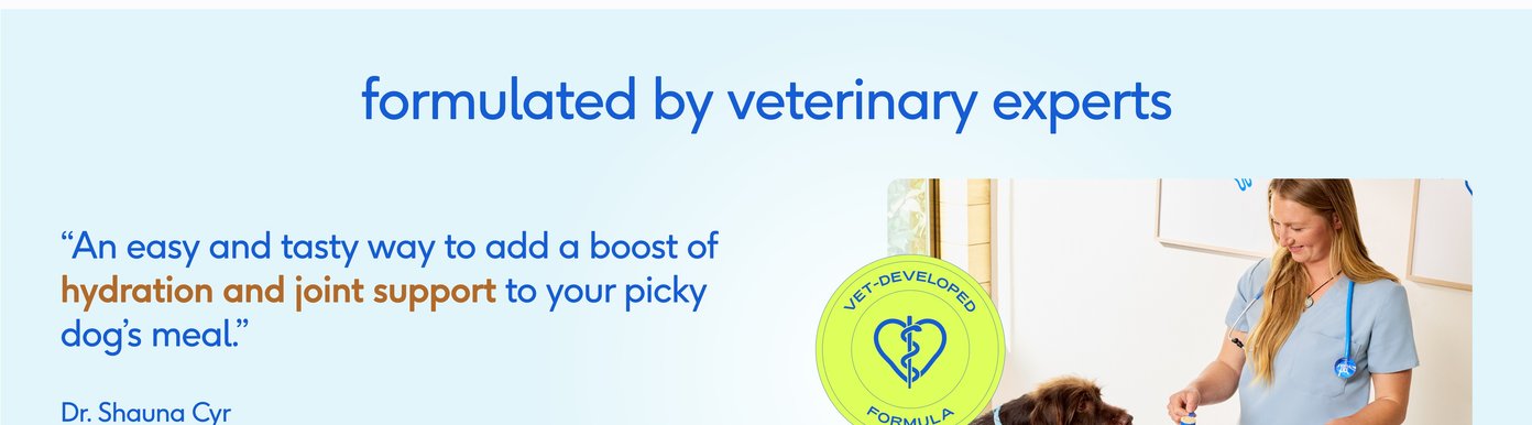A light blue section features a prominent medical endorsement under the headline "formulated by veterinary experts." On the left, a testimonial quote from Dr. Shauna Cyr, Doctor of Veterinary Medicine, CVA, states that the product is an easy and tasty way to add a boost of hydration and joint support to a picky dog’s meal. The right side features a bright green "Vet-Developed Formula" circular emblem next to a lifestyle photograph of a female veterinarian in light blue scrubs preparing a dog's food bowl on a stainless steel counter.