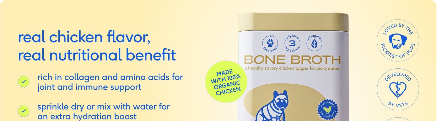 A bright yellow infographic panel highlights Native Pet Chicken Bone Broth as a healthy, savory meal topper for picky eaters. On the left, green checkmarks emphasize key benefits: it is rich in collagen and amino acids for joint and immune support, can be sprinkled dry or mixed with water for a hydration boost, and encourages picky eaters to finish their bowls. The central canister features a blue dog illustration alongside certification stamps indicating the formula is vet-developed, organic, and contains only three ingredients, while circular badges on the right declare it is "loved by the pickiest of pups" and has a number one tested taste.
