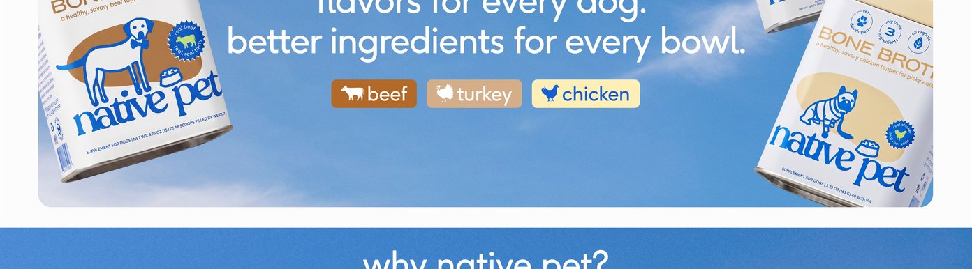 A wide blue banner presents four square panels under the headline "why native pet?" to demonstrate the brand's quality philosophy. The visual square modules showcase a smiling male veterinarian with a small terrier, a bottle of Sockeye Salmon Oil next to a raw fish fillet, a close-up of a joyful panting dog, and the detailed nutritional label on the back of a supplement bag. Below each window, corresponding text details that the products are developed by vets and made entirely in-house, contain only clean ingredients with no fillers, please picky pets with whole-food flavors, and utilize the right product formats for full nutrient absorption.