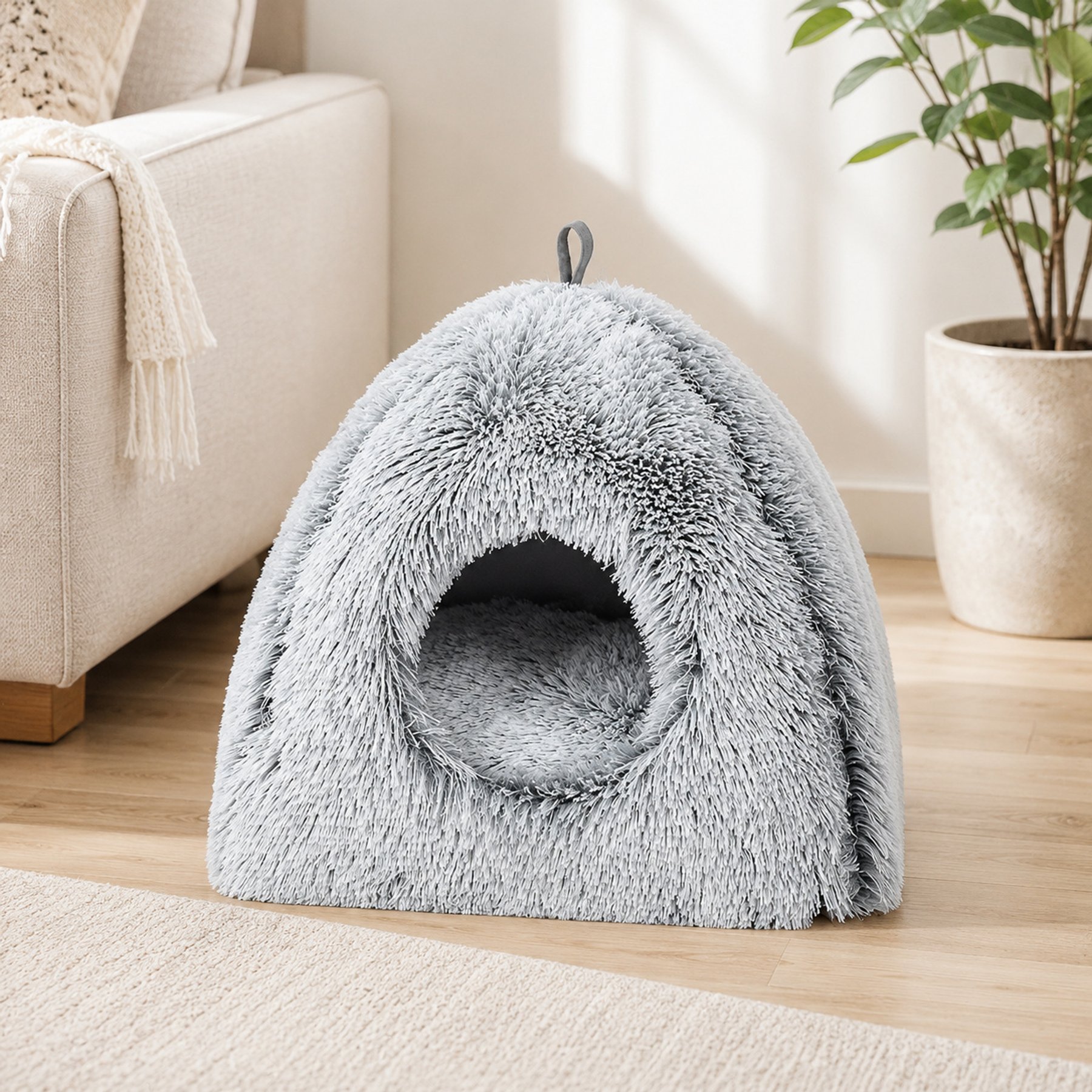 NonoPets Soft Faux Fur Covered Washable Cave Dog & Cat Bed, Beown, Medium