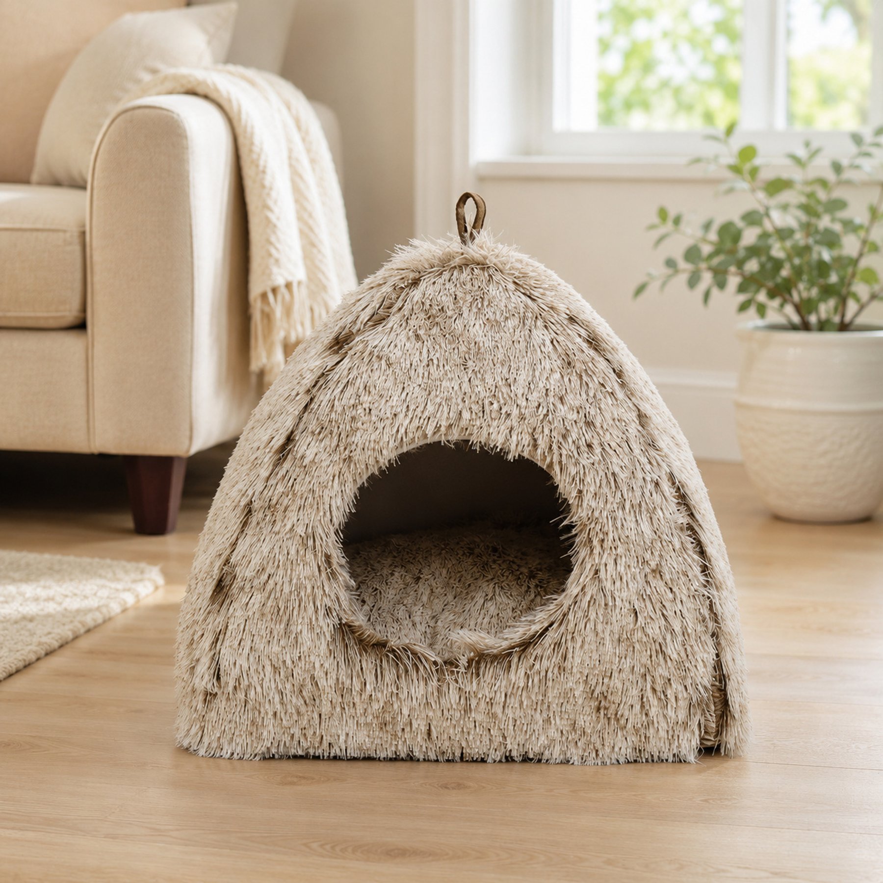 NonoPets Soft Faux Fur Covered Washable Cave Dog & Cat Bed, Grey, Medium