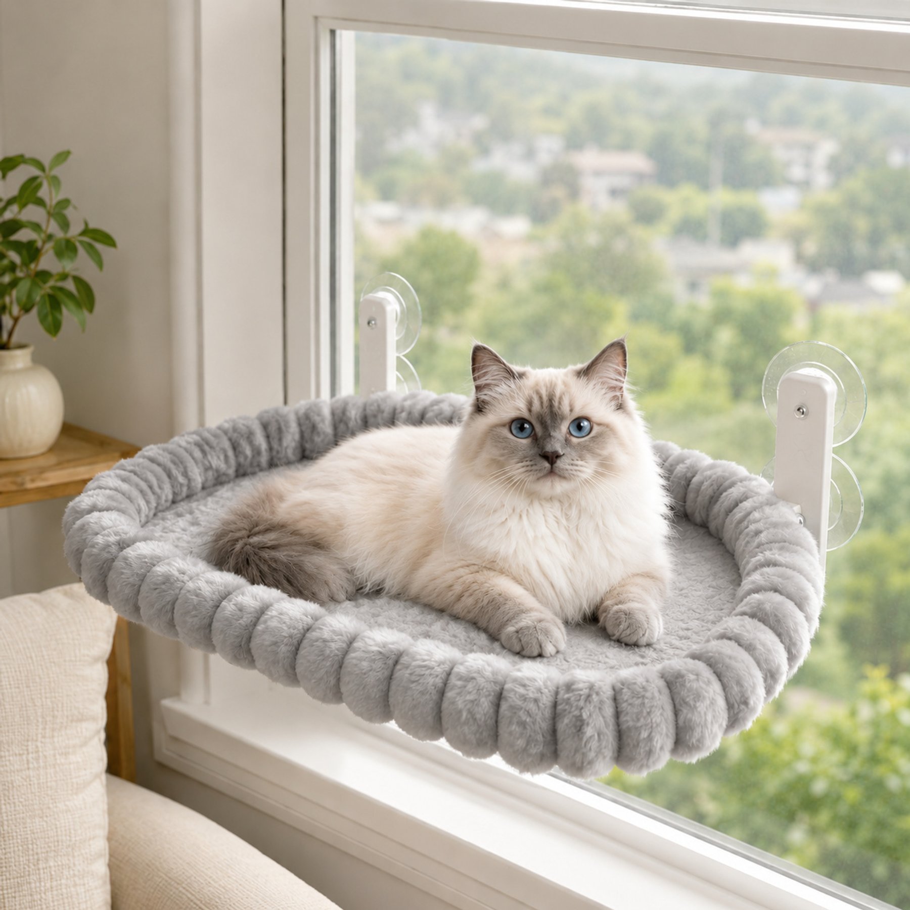 NonoPets Foldable Suction Cup Window Perch Soft Plush Sunny Hammock Dog & Cat Bed, Grey