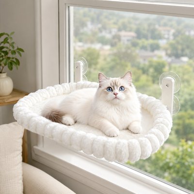 NonoPets NonoPets Foldable Suction Cup Window Perch Soft Plush Sunny Hammock Dog & Cat Bed, Beige