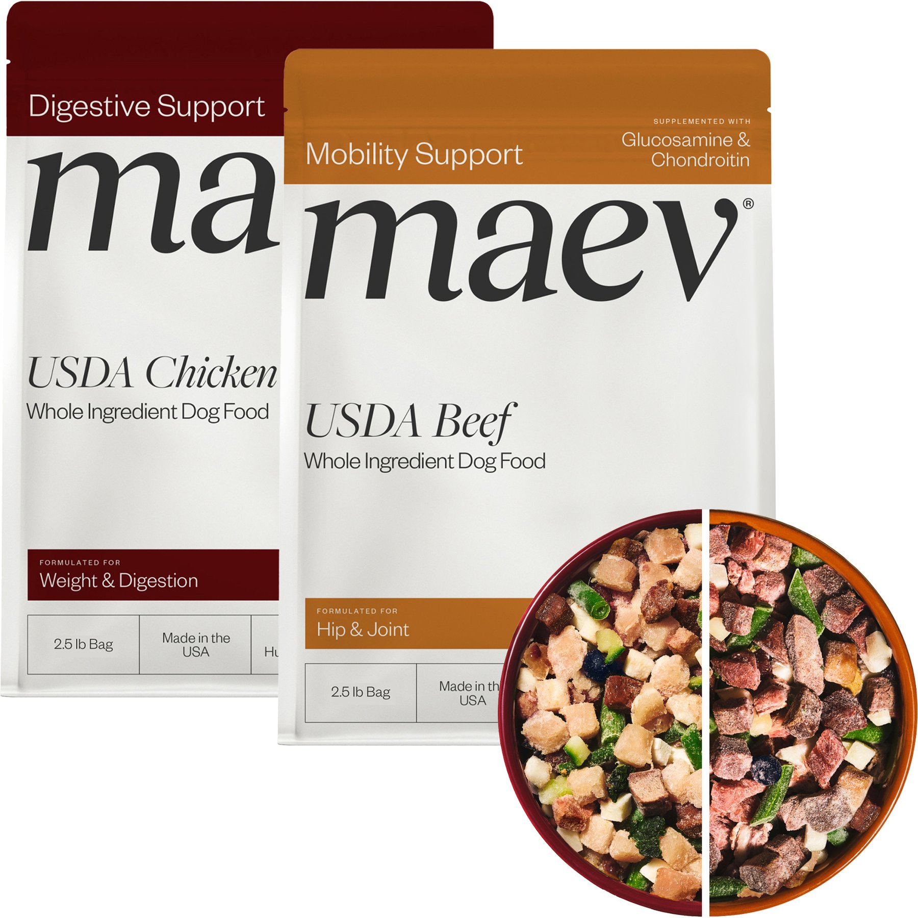 Maev Fresh Frozen Raw Human-Grade Variety Pack Dog Food: Hip & Joint Beef, 2.5-lb bag + Weight & Digestion Chicken, 2.5-lb bag