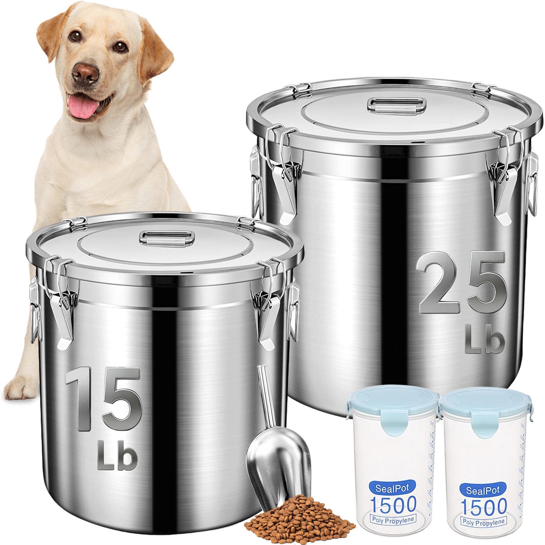 Newget Stainless Steel Dog Food Storage Container, Large: 38-lb