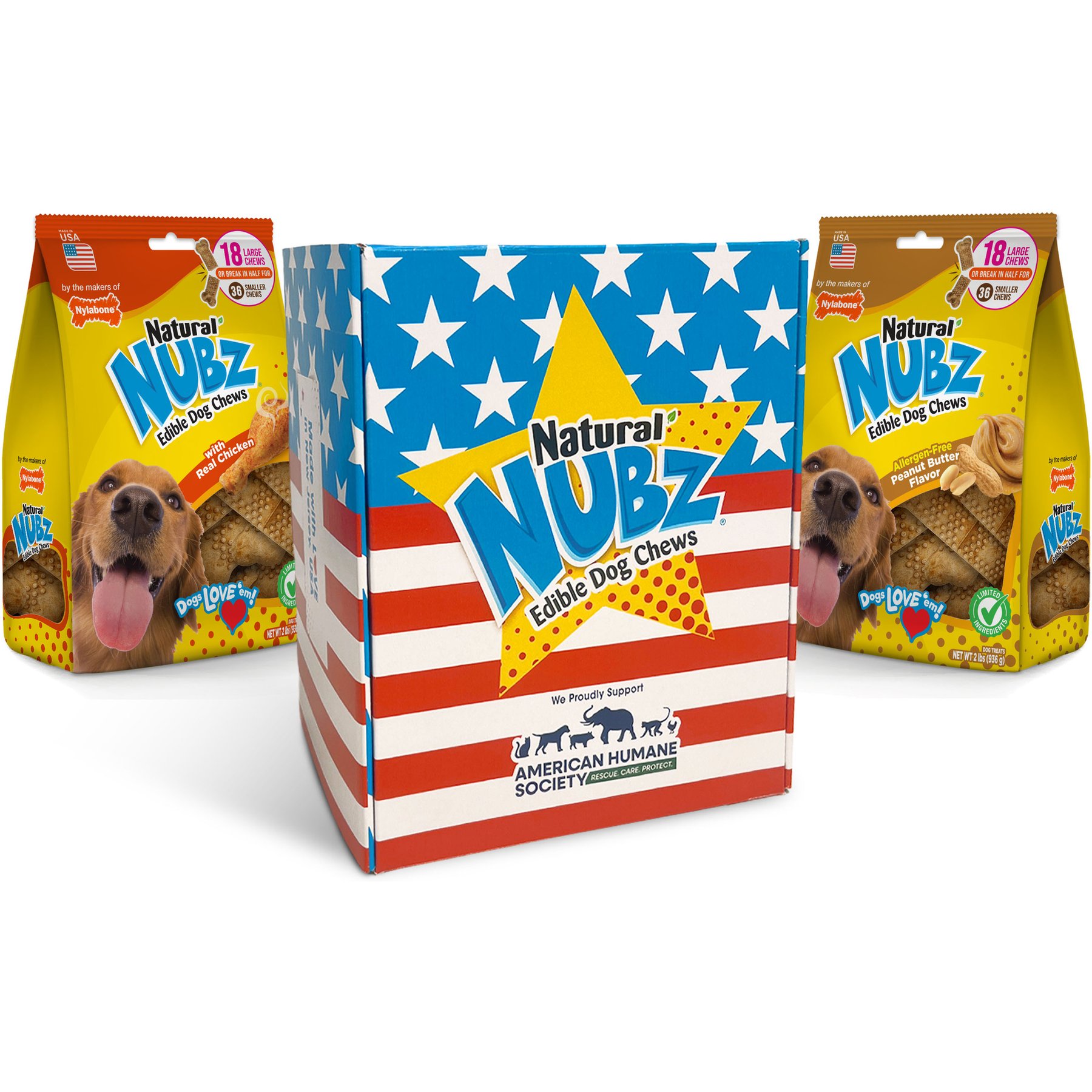 Nylabone Nubz Red, White, & Blue Gift Box Bundle: Chicken & Peanut Butter Dog Chew Treats, 36 count