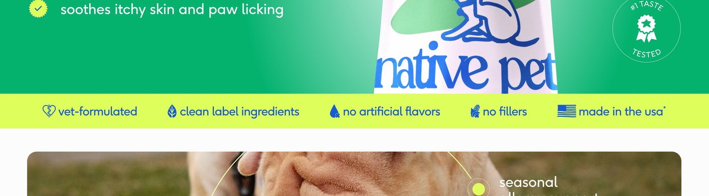A lime green banner running horizontally communicates Native Pet's strict formulation standards. The listed criteria guarantee that the chews are: • Vet-formulated • Made with clean label ingredients • Free from artificial flavors and fillers • Proudly made in the USA