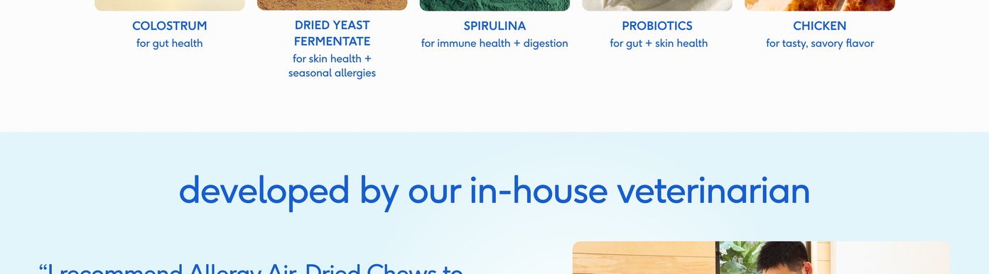A veterinary expert details the clinical efficacy of the chews. The headline notes the formula was "developed by our in-house veterinarian," and features a quote from Dr. Dan Su (MS, DVM, DACVIM (Nutrition), Board Certified Veterinary Nutritionist). He states: "I recommend Allergy Air-Dried Chews to provide dogs relief from seasonal irritants, like pollen and dust, as well as overall immune support." A prominent "Vet-Developed Formula" seal sits next to an image of Dr. Su interacting with a brown dog and holding the product package.