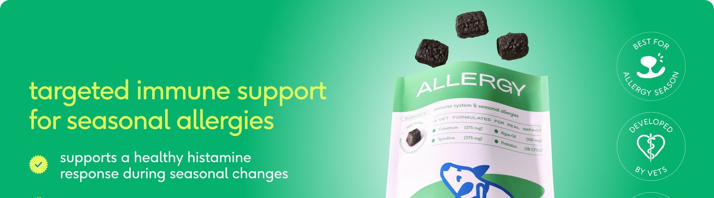 A bright green graphic highlights the targeted benefits of the product. The text emphasizes: • Targeted Immune Support: Specially formulated to assist dogs during seasonal allergy changes. • Histamine & Symptom Relief: Supports a healthy histamine response while soothing itchy skin and frequent paw licking. • Key Certifications: The section displays badges for being "#1 Taste Tested" and "Developed by Vets," alongside a white "Allergy" chew package showing premium ingredients like Colostrum, Spirulina, Algas Oil, and Prebiotics.