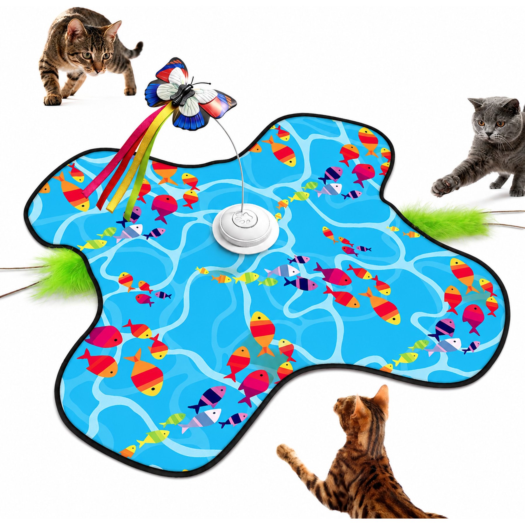FUUFOME 3-in-1 Interactive Automatic Hide & Seek Self-Play Electronic Chasers Cat Toy with Feather & Butterfly, Blue