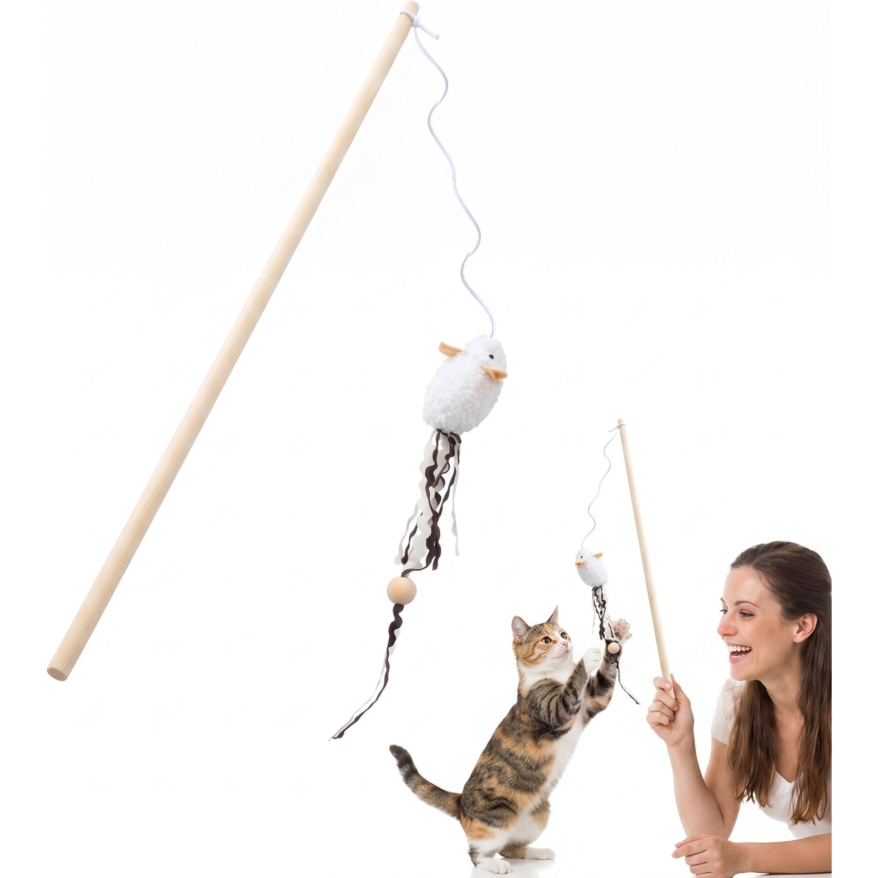 Kseroo Interactive Mouse Training Teaser Wand Cat Toy with Feathers, White