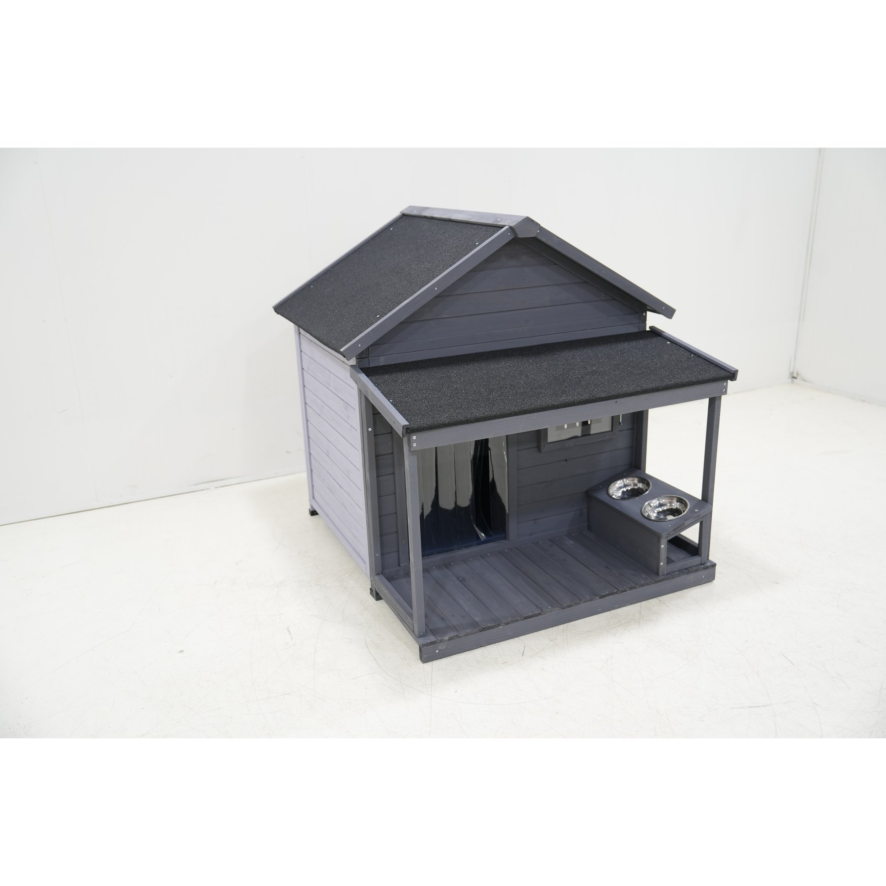 Cesicia Solid Wooden Asphalt Roof Dog House with Cleaning Mat & Feeding Bowl, Gray