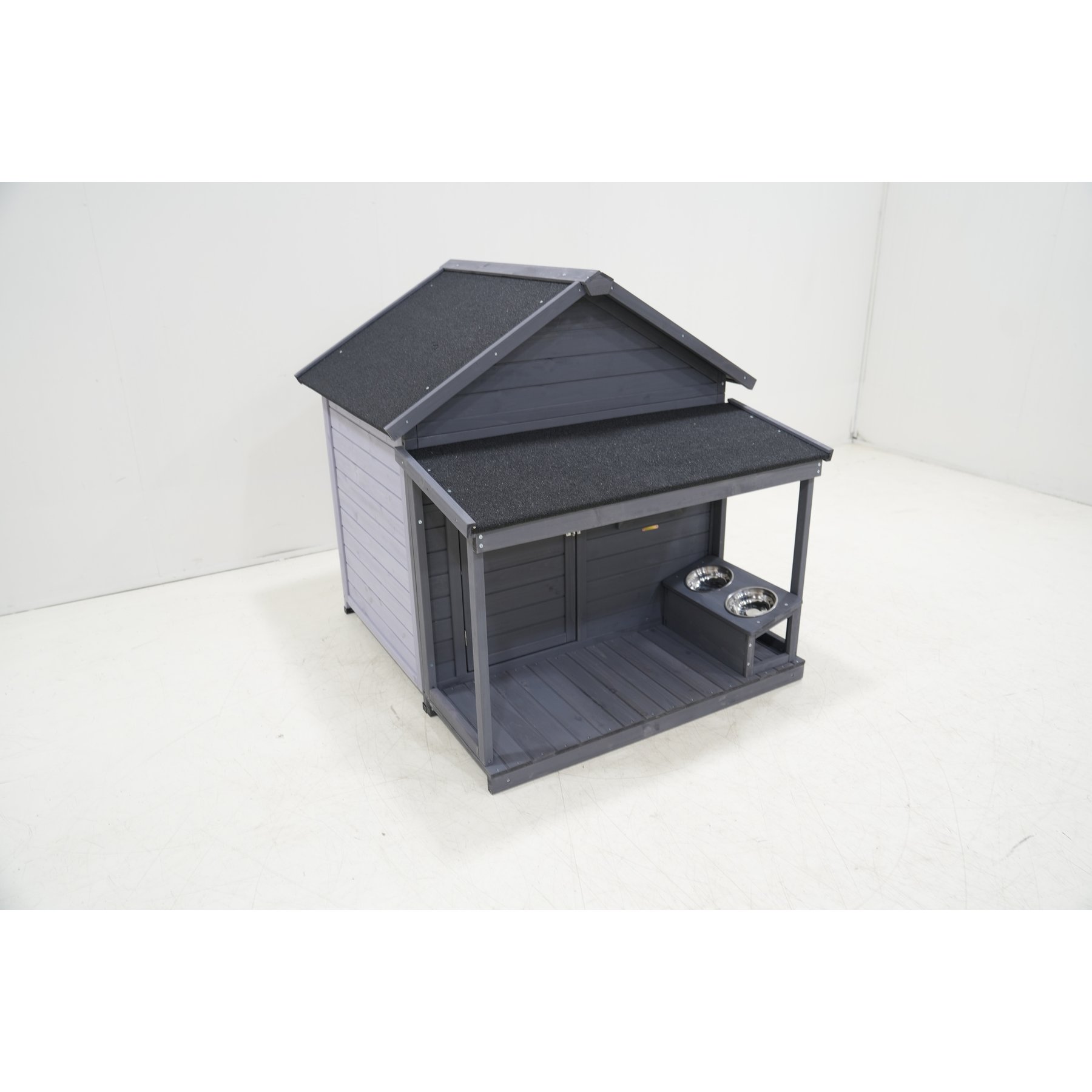 Cesicia Solid Wooden Asphalt Roof Dog House with Large Terrace, Gray