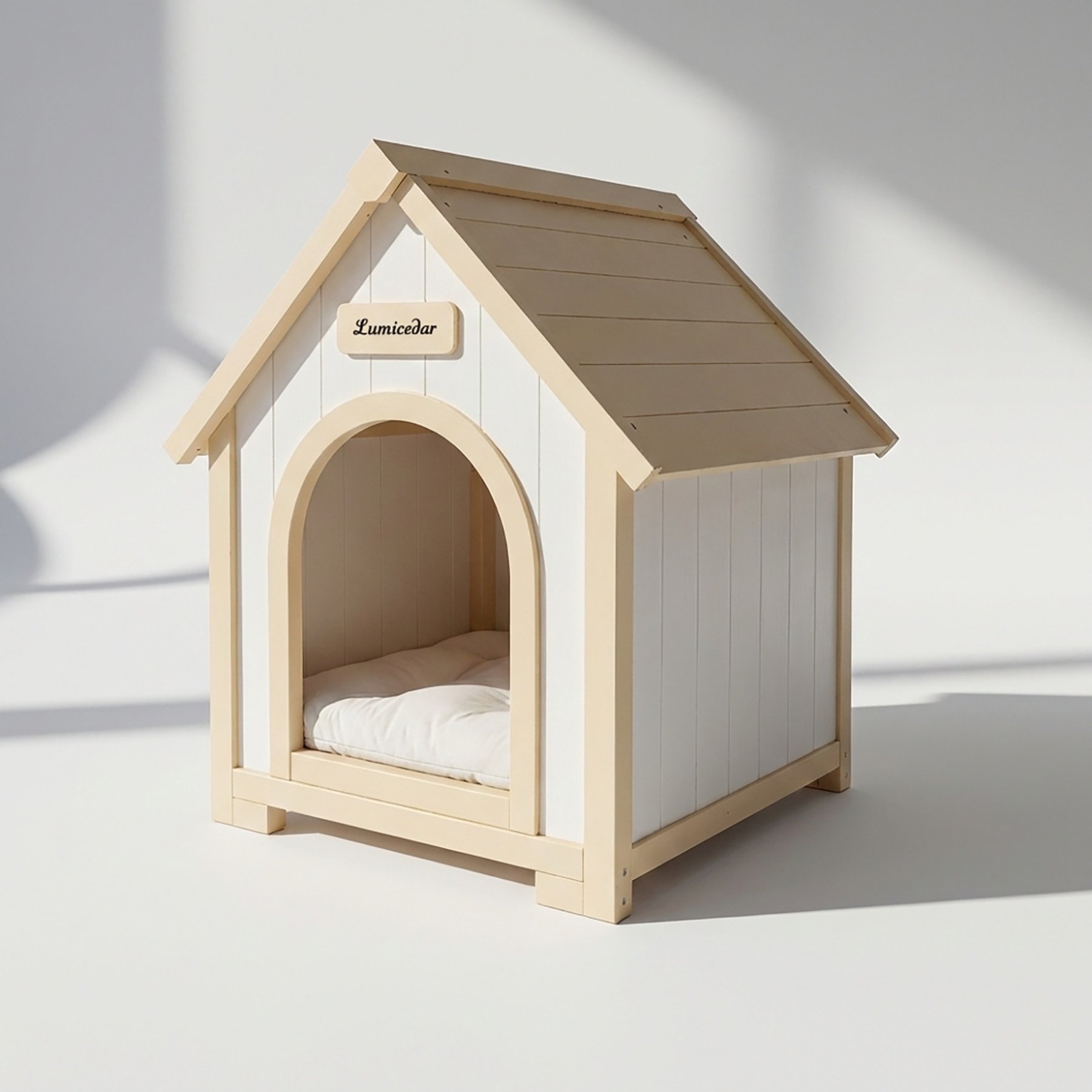 Cesicia EVA Cushion Solid Cedar Wooden Dog & Cat House, Creamy White/Light Yellow