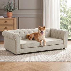 Yafylly Rectangular Elevated Durable Linen Fabric Memory Foam Furniture Style Sofa Dog Bed, Large, Beige