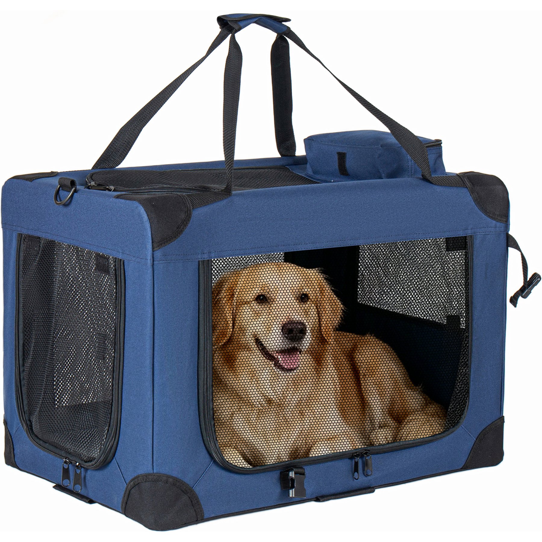 Yafylly 3-Door Portable Folding Pet Carrier, Dark Blue, 36-in