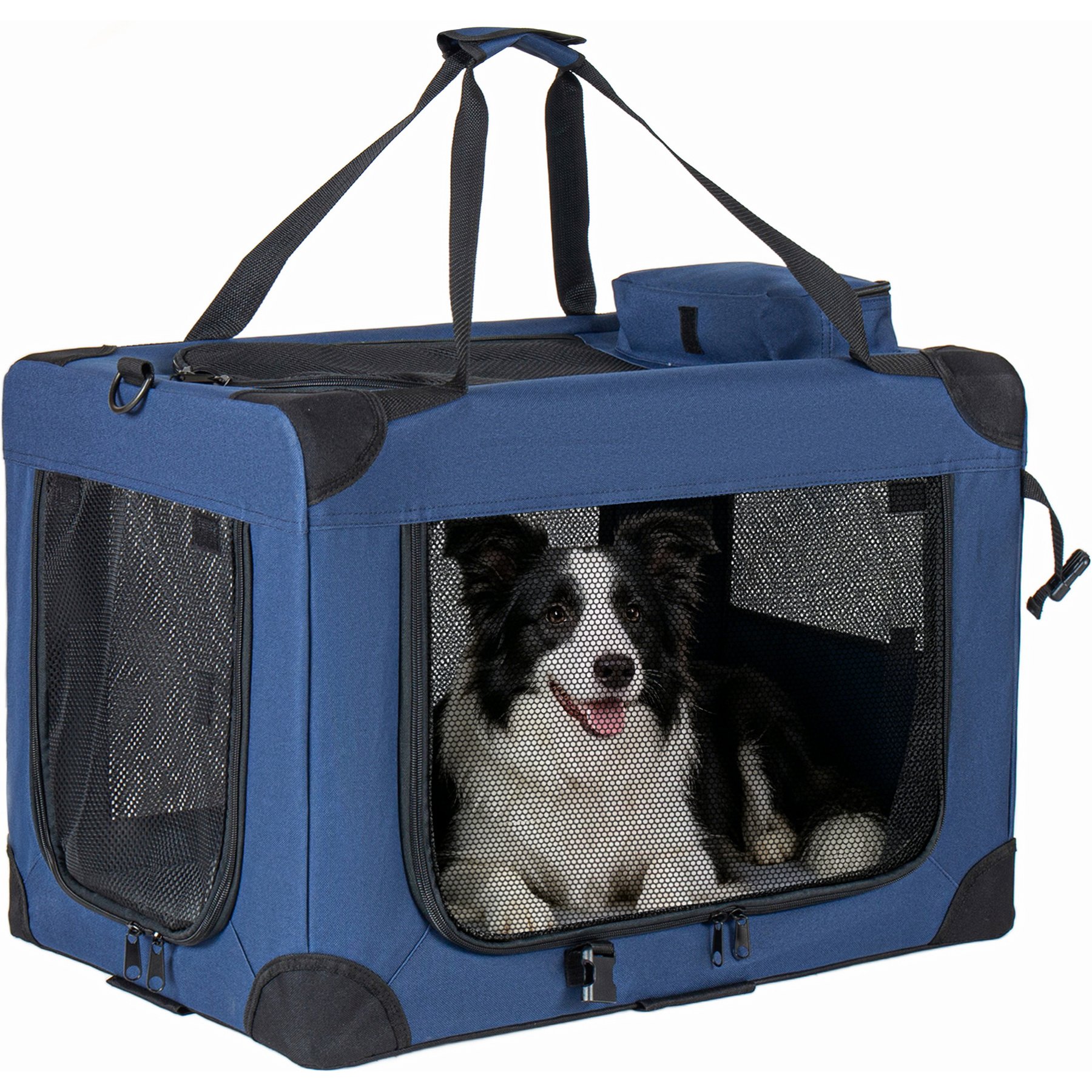 Yafylly 3-Door Portable Folding Pet Carrier, Dark Blue, 32-in