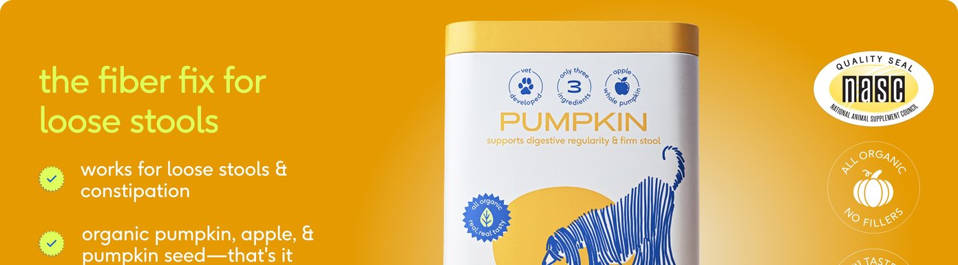 A promotional banner features a white canister of Native Pet Pumpkin supplement alongside a blue scoop filled with powder on a bright yellow background. The text highlights that the powder is "the fiber fix for loose stools," working for both diarrhea and constipation. It lists three simple ingredients—organic pumpkin, apple, and pumpkin seed—and notes that it sprinkles directly over food. Badges indicate the product is NASC certified, all organic with no fillers, and number one taste tested.