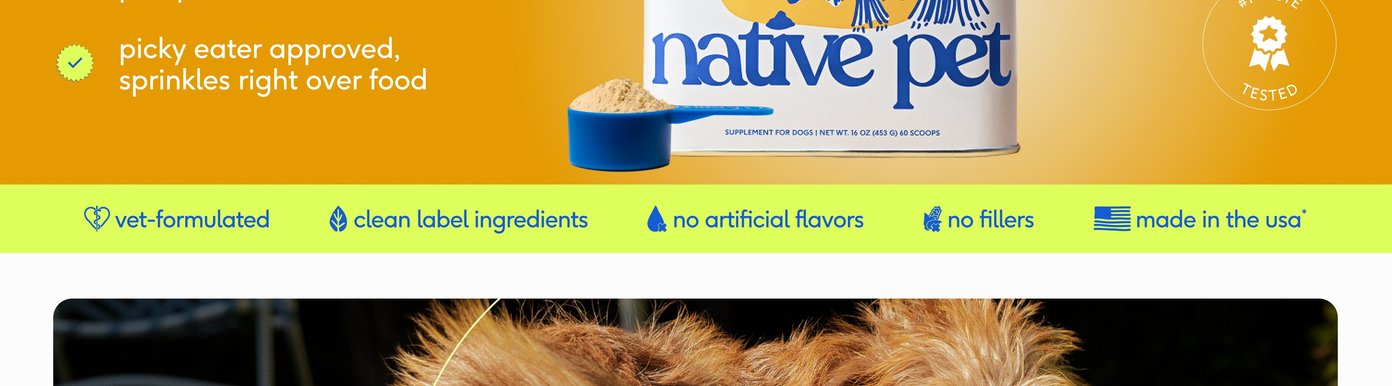 A bright green horizontal banner displays five key product claims accompanied by simple icons. The claims emphasize that the supplement is vet-formulated, uses clean label ingredients, contains no artificial flavors or fillers, and is proudly made in the USA.