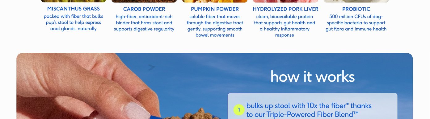 This detailed section for Digital-Poster-ArtboardArtboard-5.jpg provides a copy breakdown of each ingredient's benefits, explaining that miscanthus grass bulks stool, carob powder firms stool, pumpkin powder supports smooth movements, hydrolyzed pork liver provides clean protein, and probiotics offer 500 million CFUs for gut flora. Below these descriptions, a new blue sky section titled how it works begins, featuring a hand holding a blue scoop of fiber pellets. A white text box initiates the step-by-step process, stating that step one bulks up stool with ten times the fiber thanks to the triple-powered fiber blend.