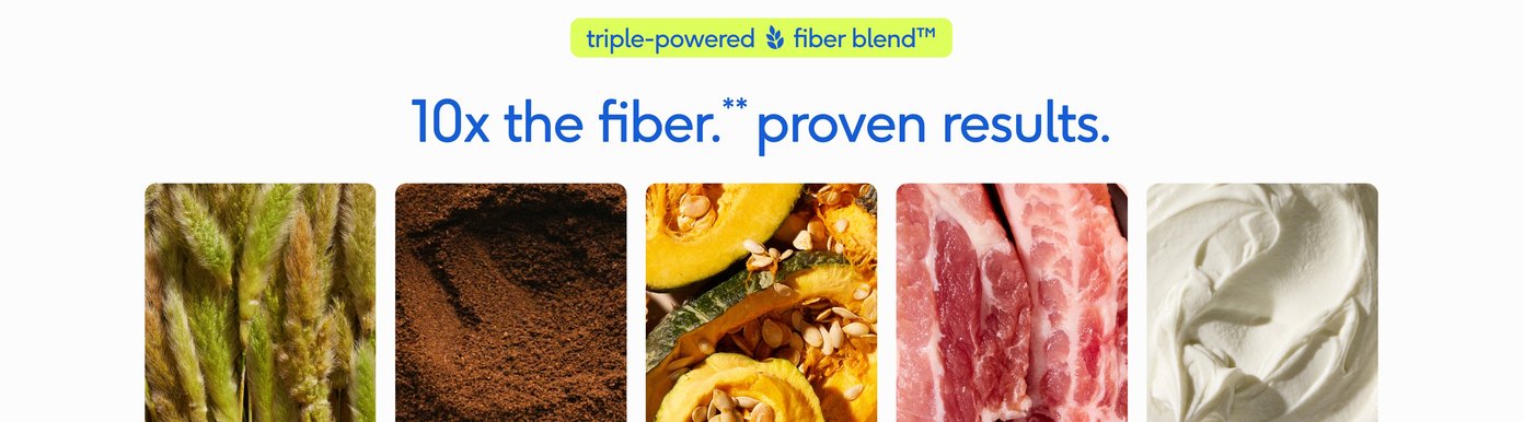 This informative panel for Digital-Poster-ArtboardArtboard-4.jpg showcases the natural ingredients of the triple-powered fiber blend beneath a bold headline proclaiming ten times the fiber and proven results. A row of five square close-up photographs illustrates the premium components: miscanthus grass, carob powder, pumpkin powder, hydrolyzed pork liver, and probiotics. This clean visual presentation emphasizes the whole-food sourcing of the supplement designed to improve canine digestive health.