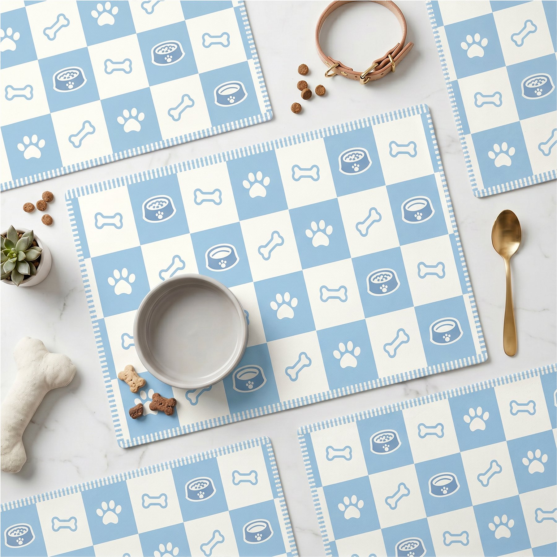 furrybaby Classic Checkerboard Waterproof Leather Dog & Cat Placemat, Blue, Small