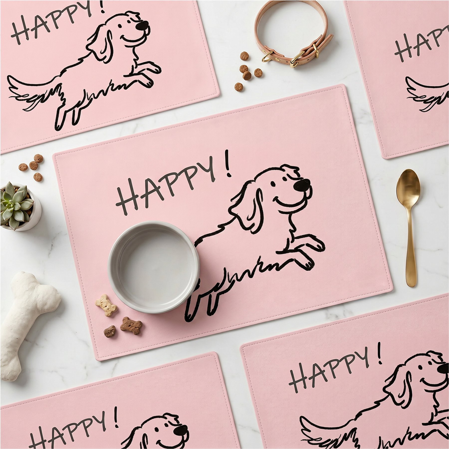 furrybaby Happy Golden Retriever Waterproof Leather Dog & Cat Placemat, Sakura Pink, Small