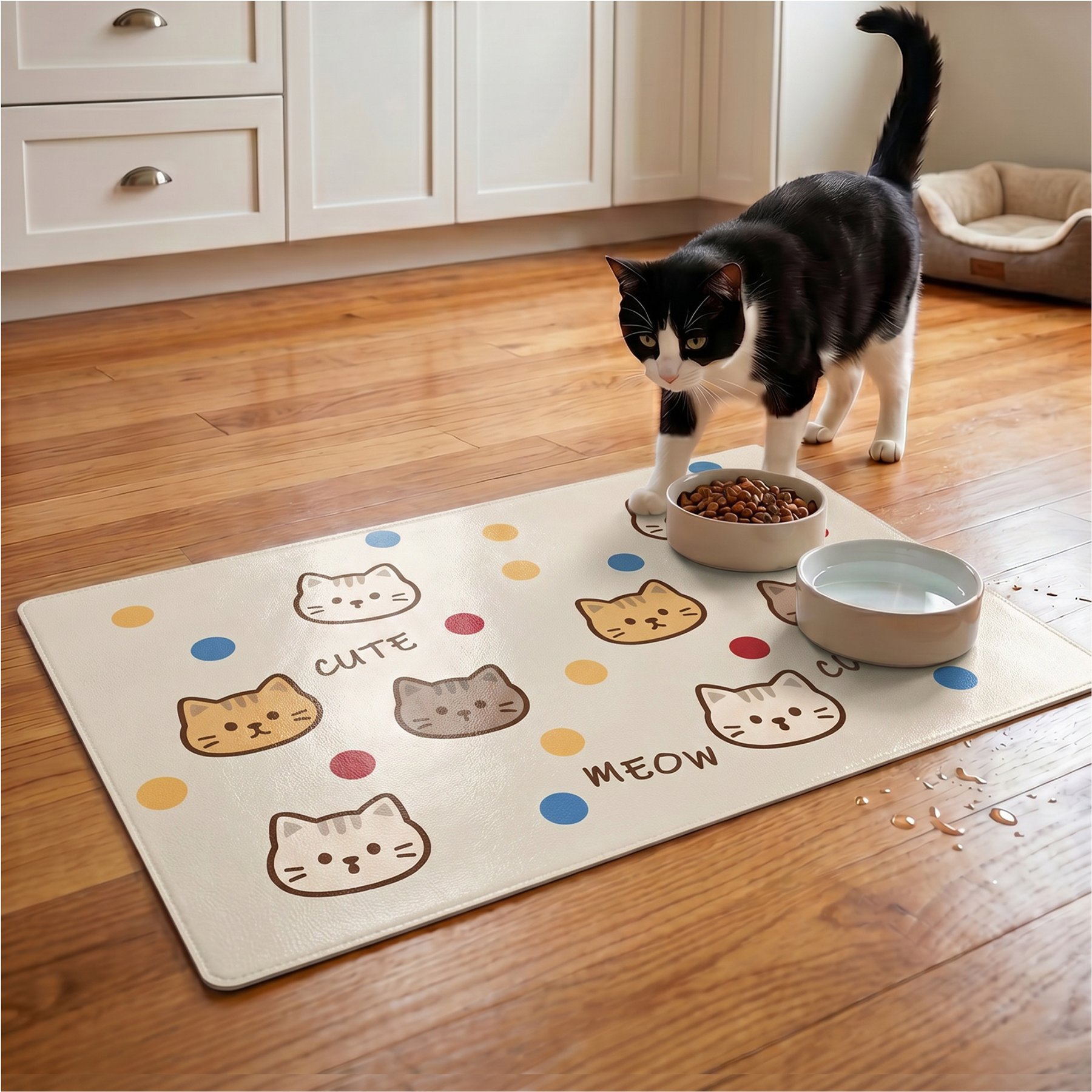 furrybaby Cute Cartoon Face Waterproof Leather Dog & Cat Placemat, Multicolor, Medium