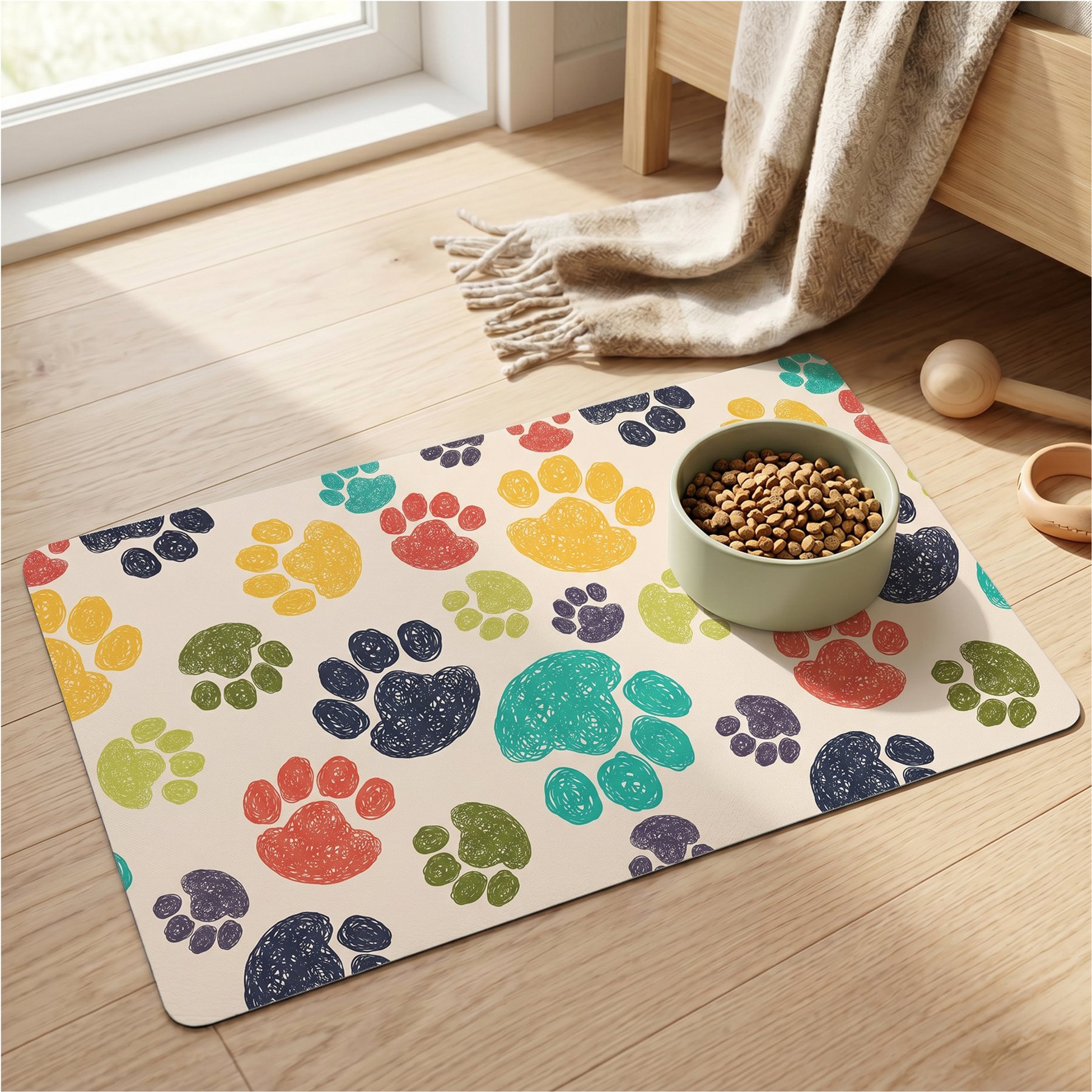 furrybaby Colorful Paw Print Waterproof Leather Dog & Cat Placemat, Multicolor, Small