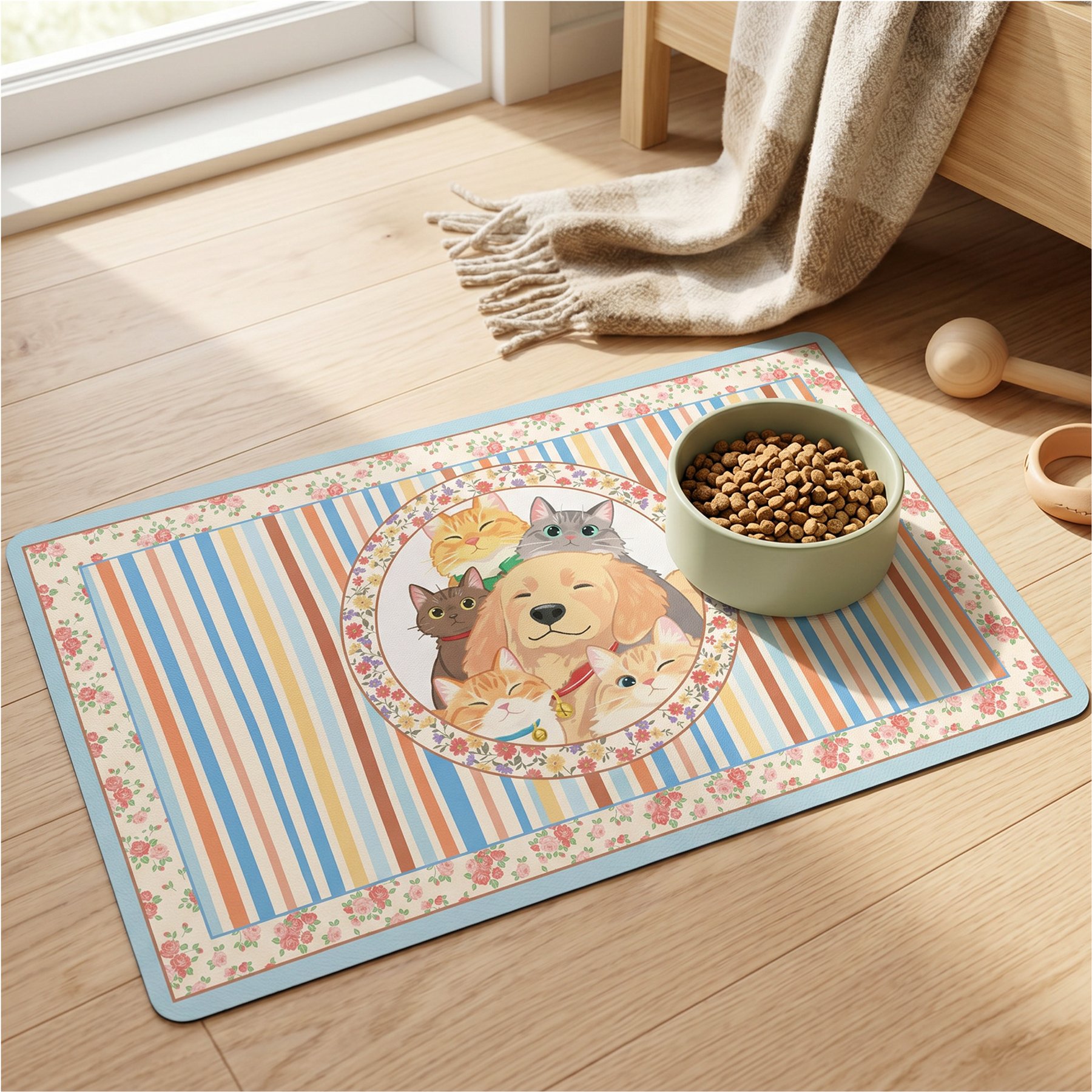 furrybaby Waterproof Leather Cozy Dog & Cat Family Portrait Placemat, Cream White, Medium