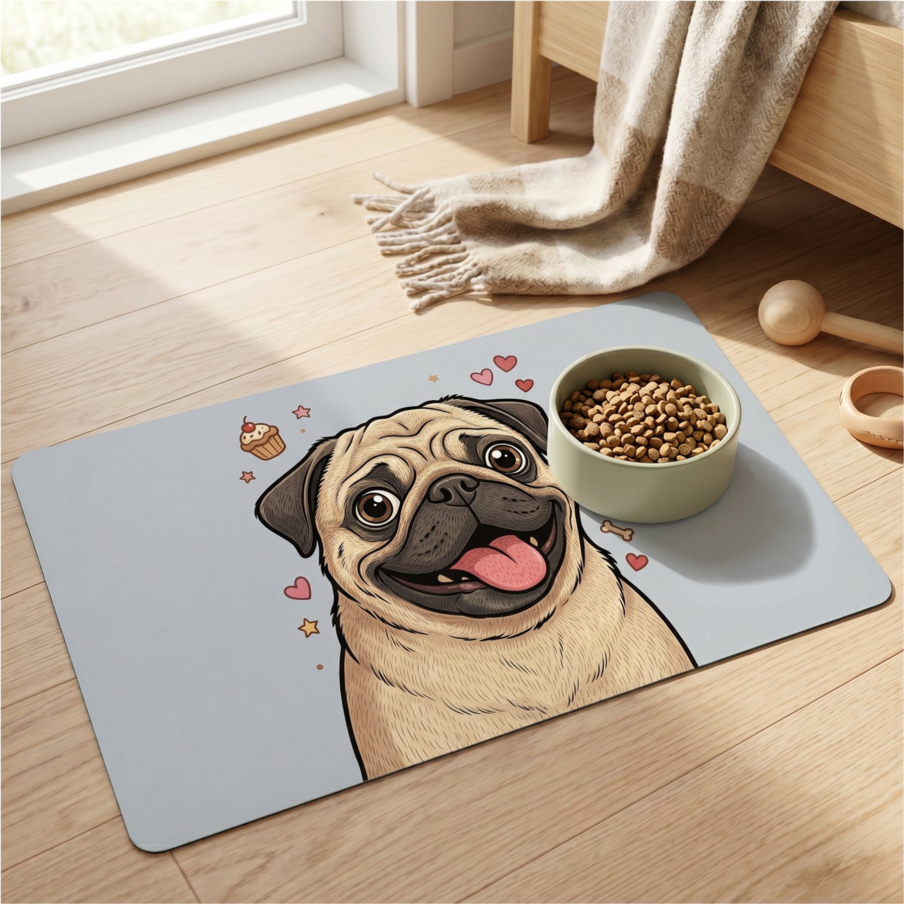 furrybaby Adorable Cartoon Pug Waterproof Leather Dog & Cat Placemat, Premium Grey, Small