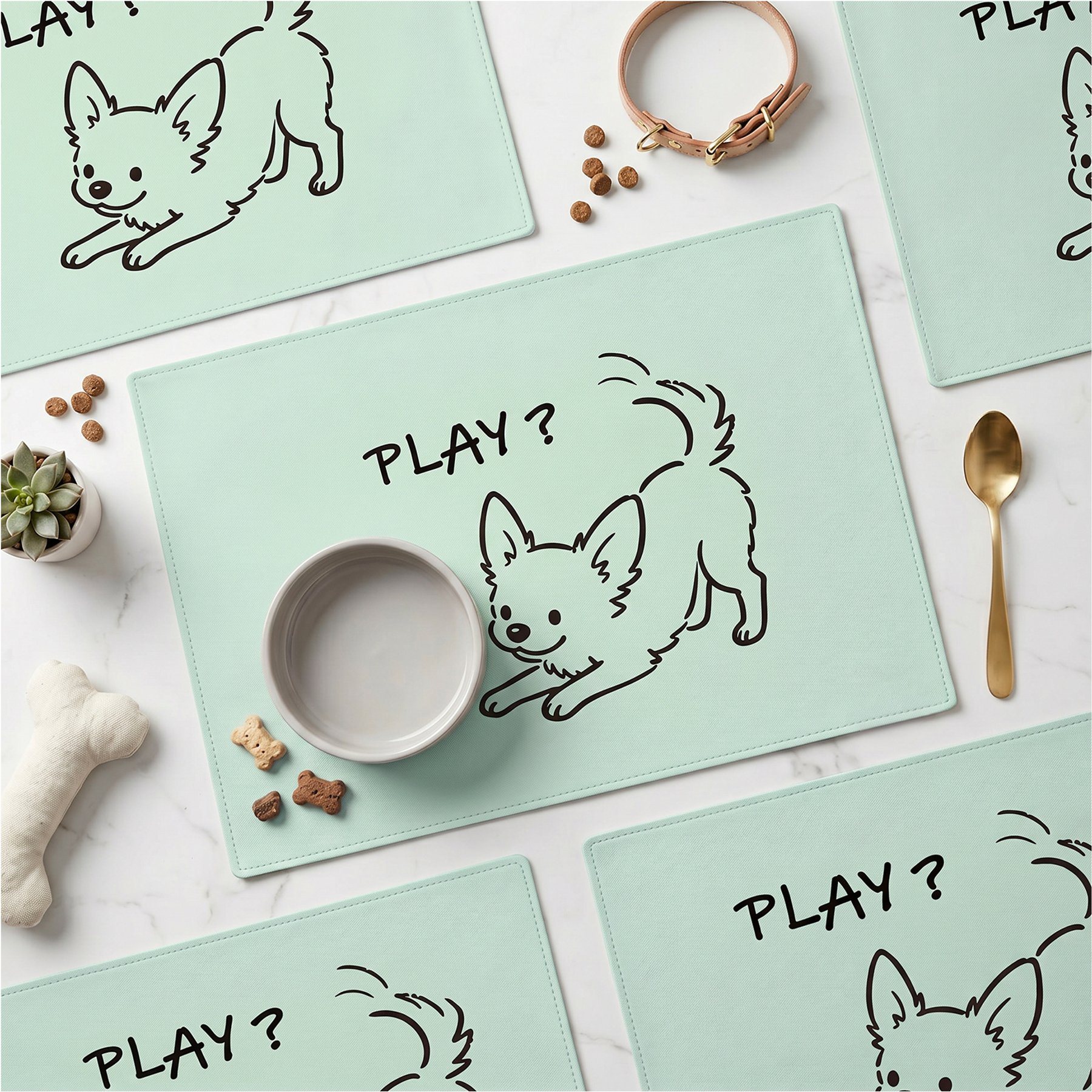 furrybaby Playful Chihuahua Waterproof Leather Dog & Cat Placemat, Mint Green, Small