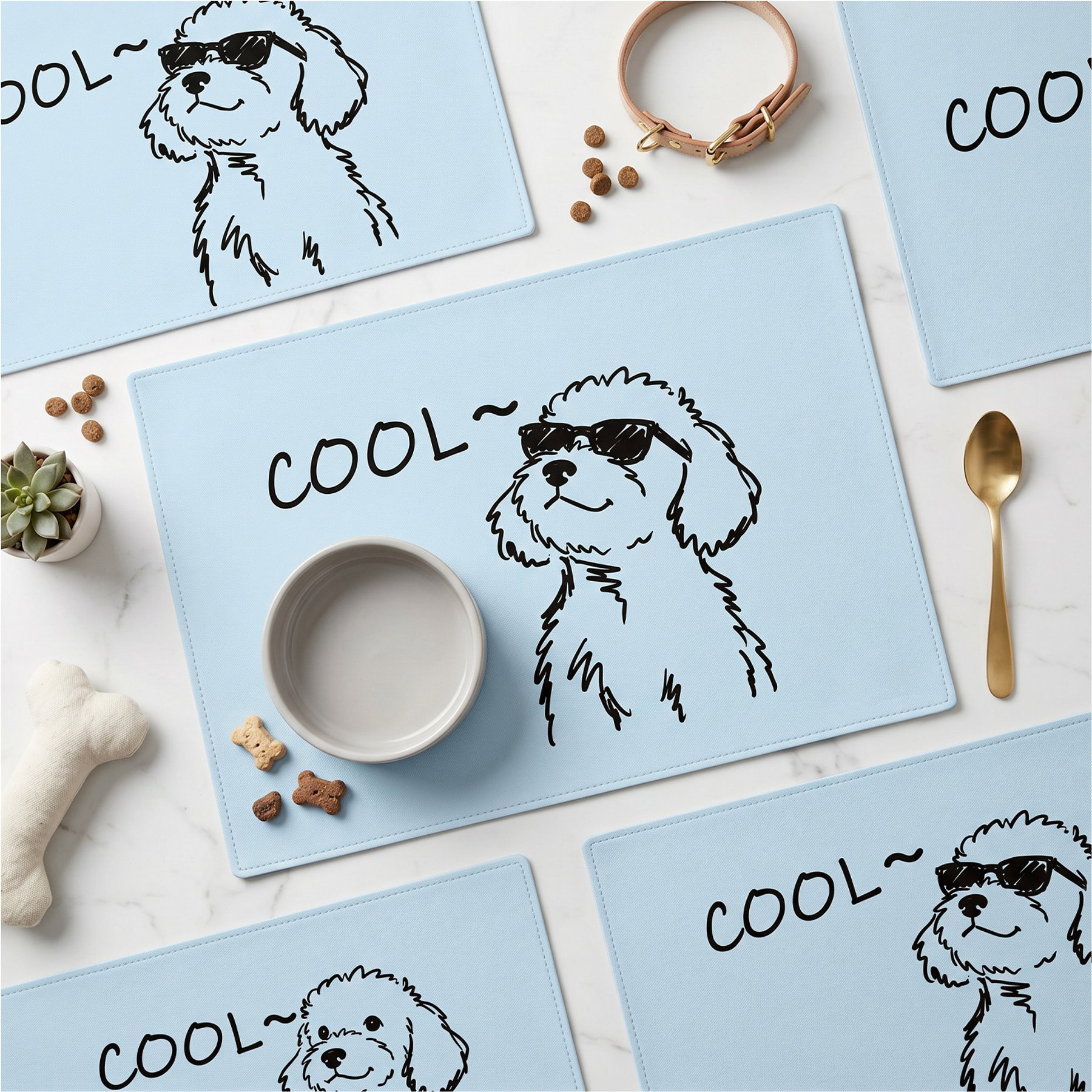 furrybaby Waterproof Leather Cool Dog & Cat Placemat with Sunglass, Light Blue, Small