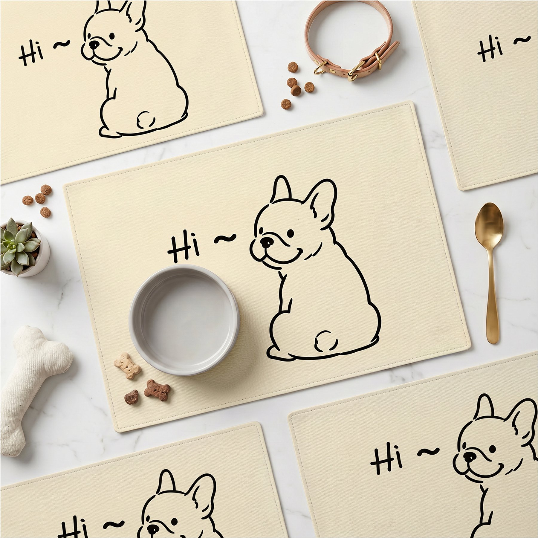 furrybaby Friendly French Bulldog Waterproof Leather Dog & Cat Placemat, Cream Yellow, Small