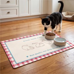 furrybaby Three Kittens Gingham Border Waterproof Leather Dog & Cat Placemat, Pink, Medium