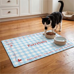 furrybaby Grid Gingham Pattern Waterproof Leather Dog & Cat Placemat, Blue, Medium