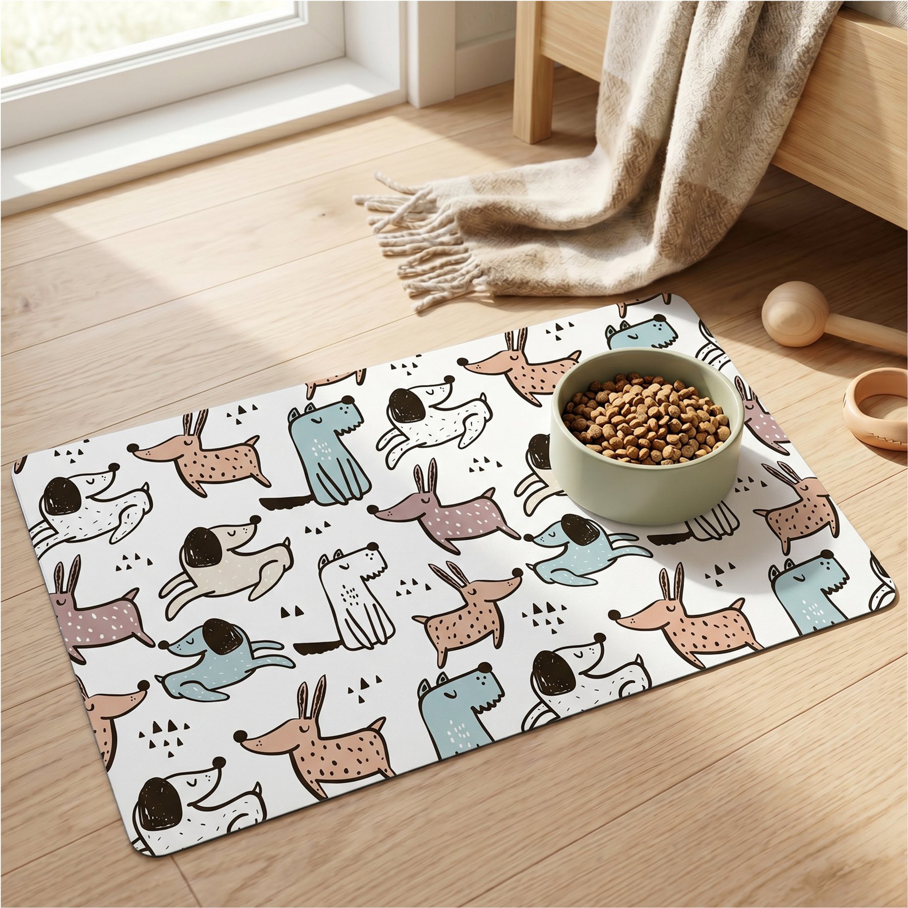 furrybaby Cartoon Doodle Pattern Waterproof Leather Dog & Cat Placemat, Multicolor, Medium