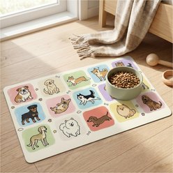 furrybaby Playful Cartoon Illustrations Waterproof Leather Dog & Cat Placemat, Multicolor, Medium