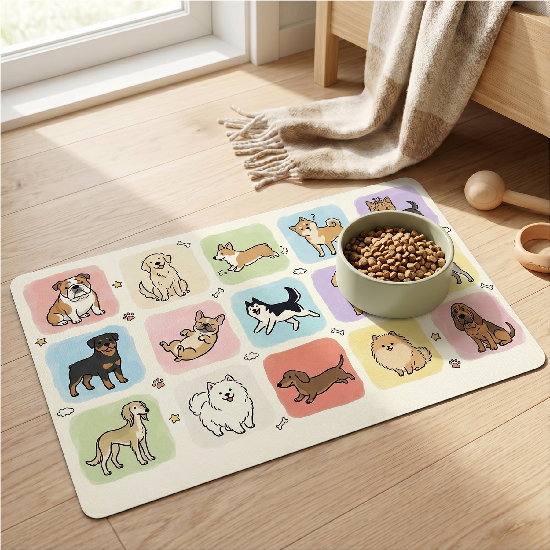 furrybaby Playful Cartoon Illustrations Waterproof Leather Dog & Cat Placemat, Multicolor, Small