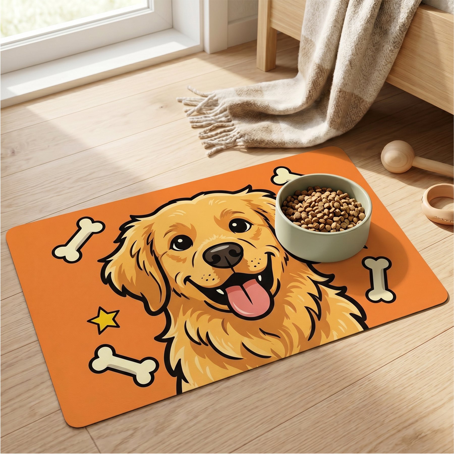 furrybaby Golden Retriever with Bones Waterproof Leather Dog & Cat Placemat, Vibrant Orange, Medium
