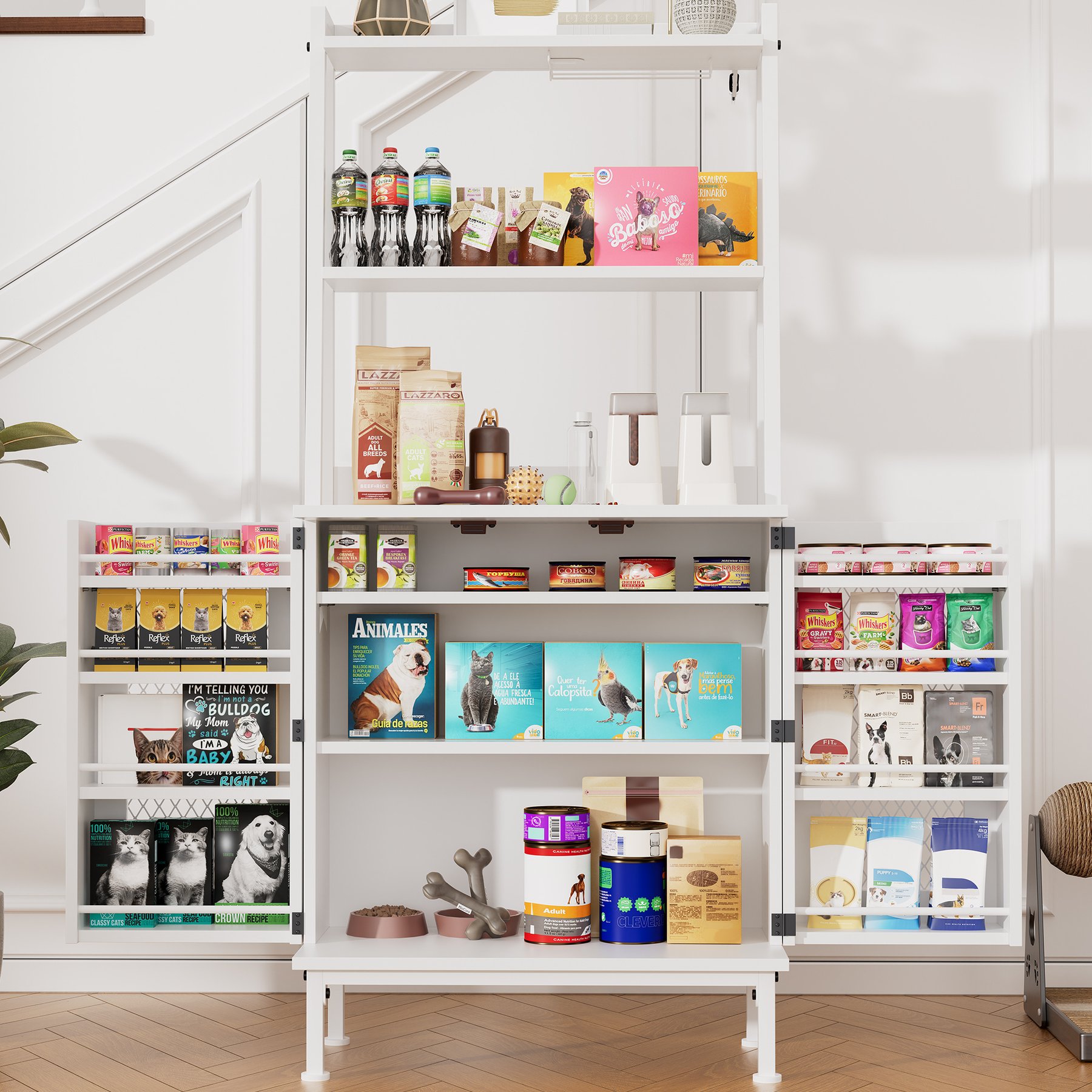 Saudism 58-in Tall Food Storage Cabinet Dog & Cat Feeding Station with Paw-Proof Magnetic Doors, Adjustable Shelves, Towel Bar & Anti-Tipping Freestanding Pantry, White