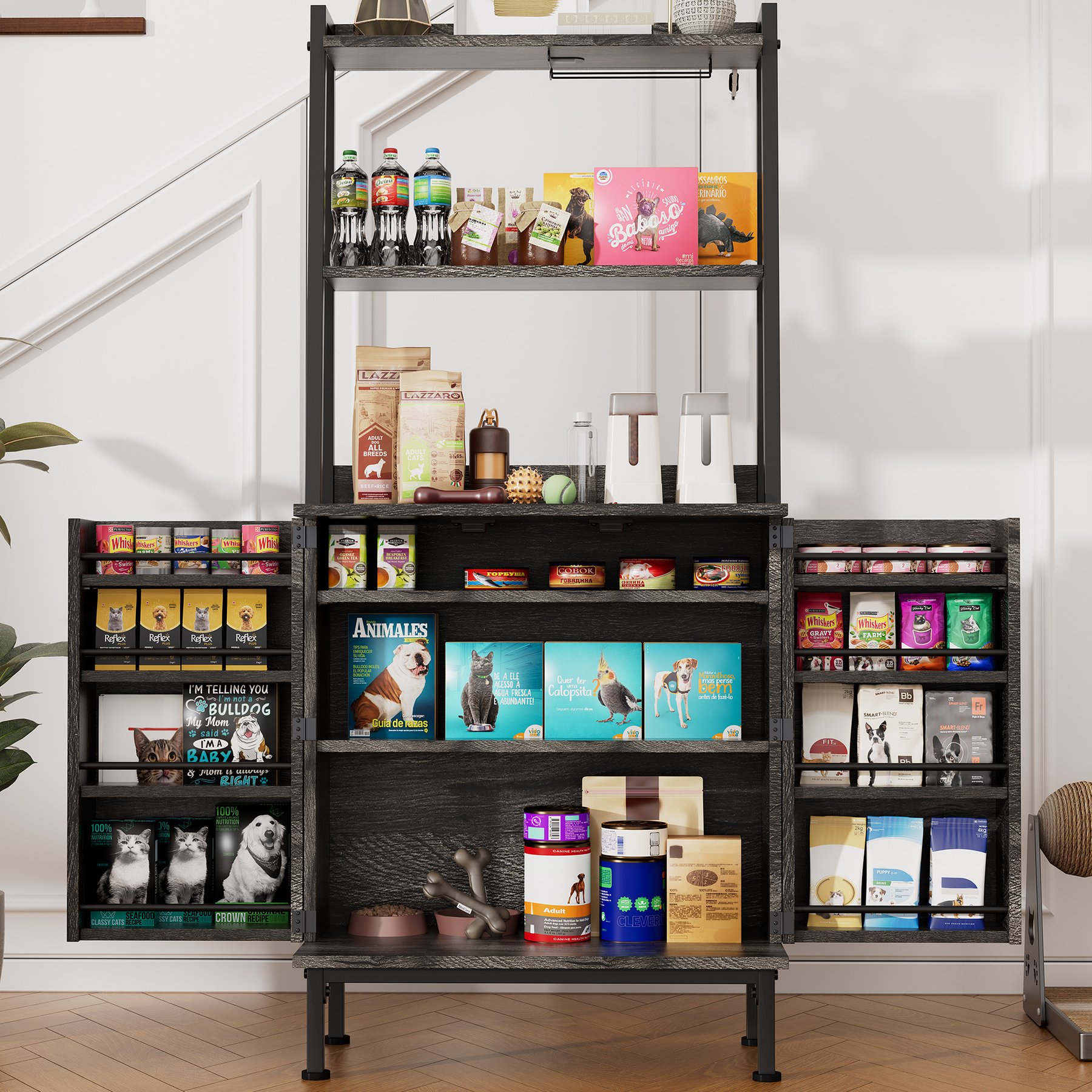 Saudism 58-in Tall Industrial Food Storage Cabinet Anti-Tipping Design Paw-Proof Pantry Organizer, Open Shelves & Mesh Doors, Freestanding Dog & Cat Feeding Station, Oak