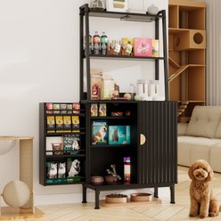 Saudism 58-in Tall Industrial Food Storage Cabinet Anti-Tipping Design Paw-Proof Pantry Organizer, Open Shelves & Mesh Doors, Freestanding Dog & Cat Feeding Station, Black slide 2 of 8