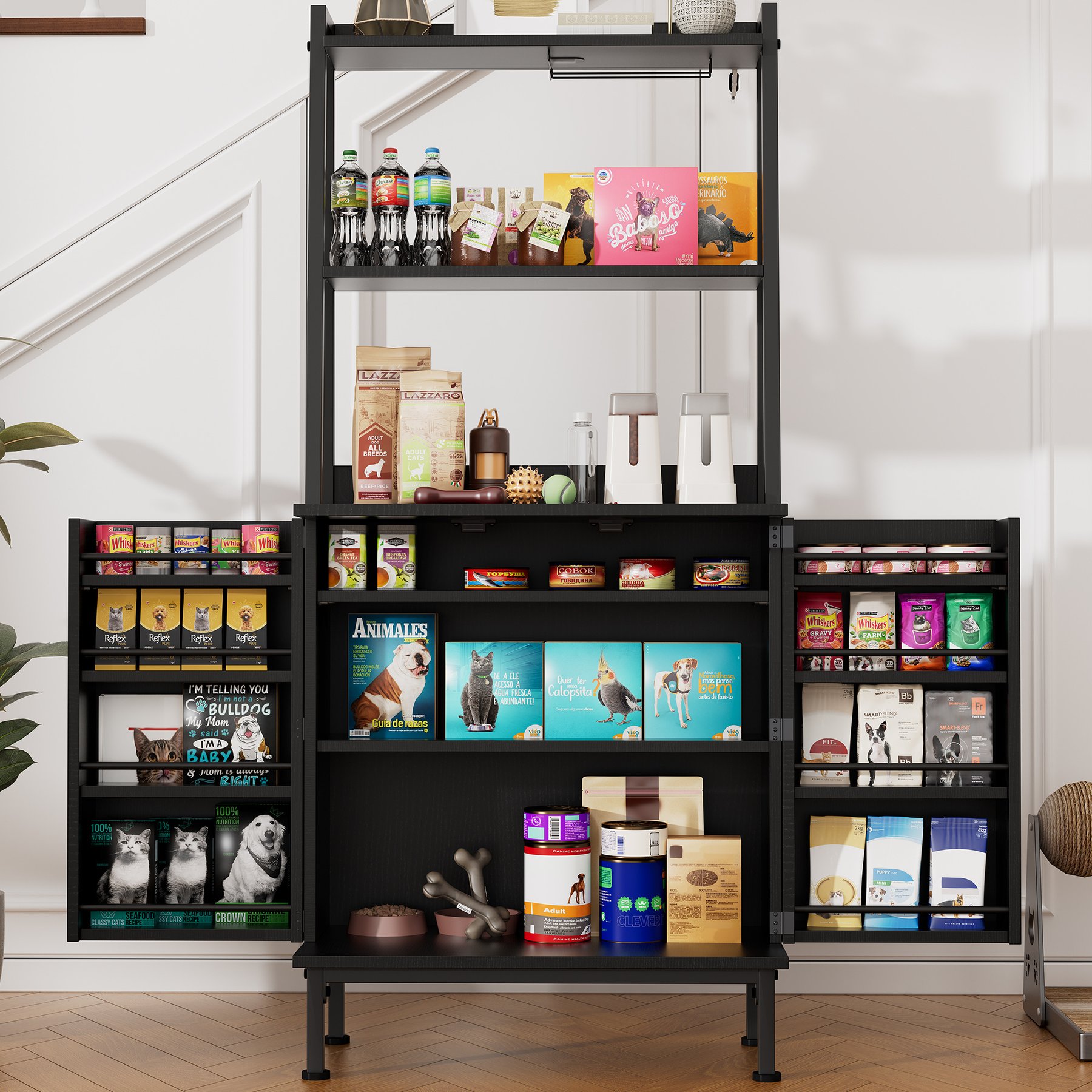 Saudism 58-in Tall Industrial Food Storage Cabinet Anti-Tipping Design Paw-Proof Pantry Organizer, Open Shelves & Mesh Doors, Freestanding Dog & Cat Feeding Station, Black