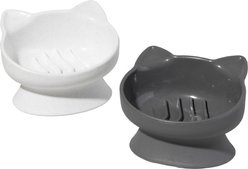 Kitty City Cat Ear Slow-Feed Elevated Cat Bowls, White & Grey, 6.5-oz, 2 count