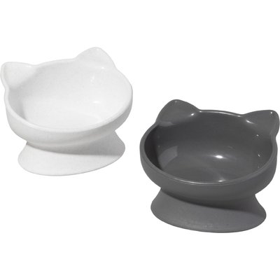 Kitty City Kitty City Polypropylene Cat Ear Elevated Bowls, White & Grey, 6.5-oz, 2 count