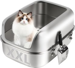 Bartuke Non-Sticky Semi Enclosed Removable Metal Tray Stainless Steel Cat Litter Box with High Sided Enclosure & Scoop, X-Large: 23.6 x 15.7 x 11.8-in, Grey, Grey