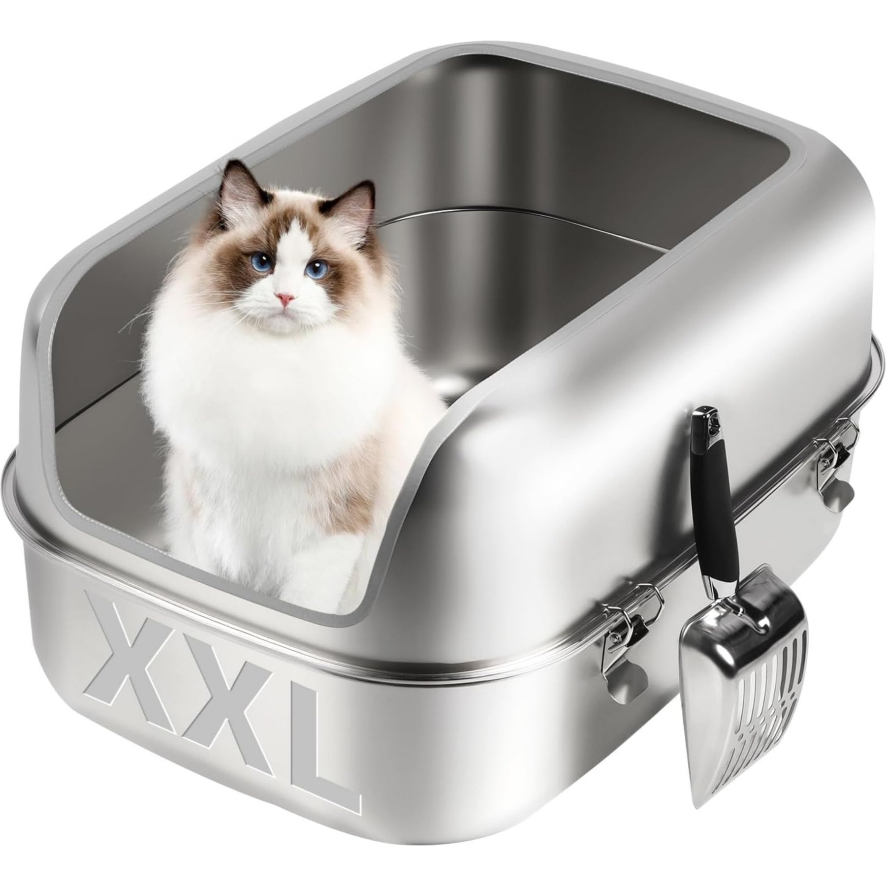 Bartuke Non-Sticky Semi Enclosed Removable Metal Tray Stainless Steel Cat Litter Box with High Sided Enclosure & Scoop, X-Large: 23.6 x 15.7 x 11.8-in, Grey, Grey