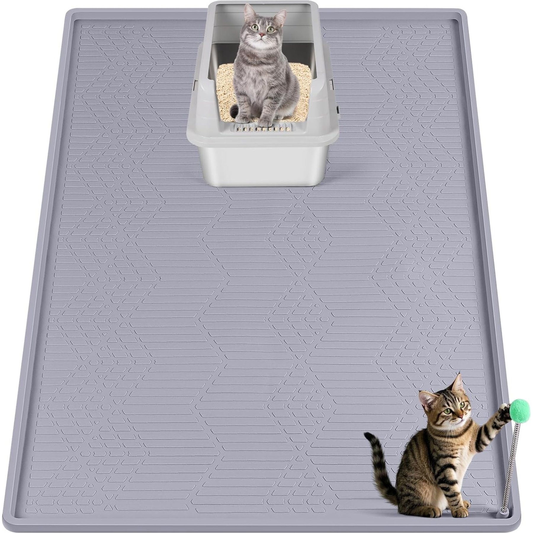 Bartuke Scatter Control Easy Clean Silicone Trapping Cat Litter Box Mat with Toy Ball, Light Grey, Large: 38 x 25-in