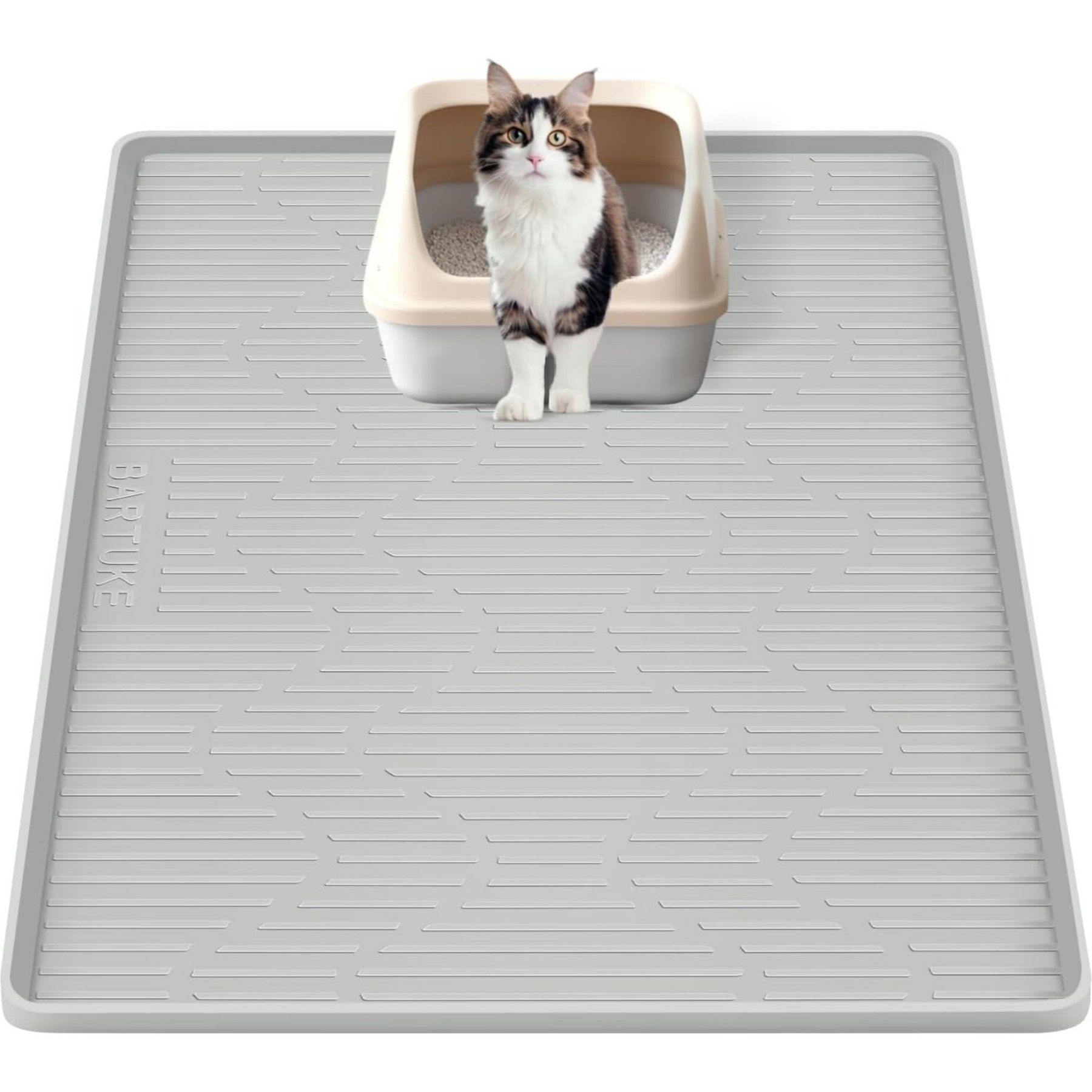 Bartuke Scatter Control Waterproof Clean Floor Silicone Trapping Cat Litter Box Mat, Grey, Large: 24 x 24-in